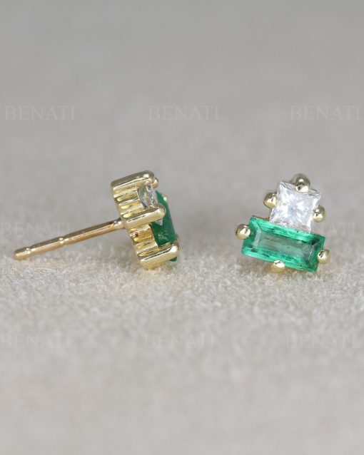 Emerald and Diamond Toi Moi Stud Earrings: 14k Gold Geometric Post Earrings