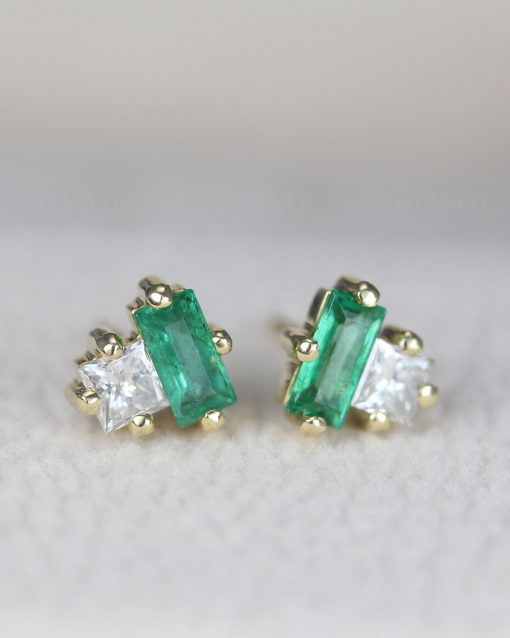 Emerald and Diamond Toi Moi Stud Earrings: 14k Gold Geometric Post Earrings