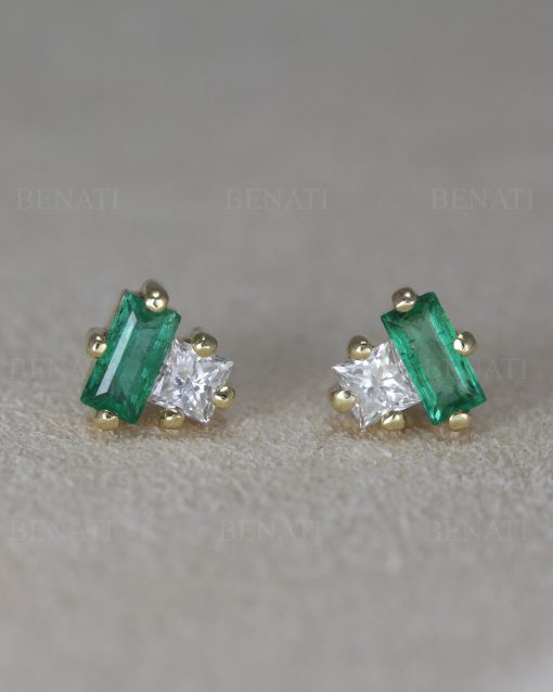 Emerald and Diamond Toi Moi Stud Earrings: 14k Gold Geometric Post Earrings