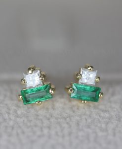 Emerald and Diamond Toi Moi Stud Earrings: 14k Gold Geometric Post Earrings - Image 2