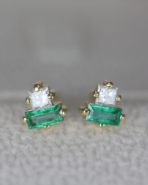 Emerald and Diamond Toi Moi Stud Earrings: 14k Gold Geometric Post Earrings