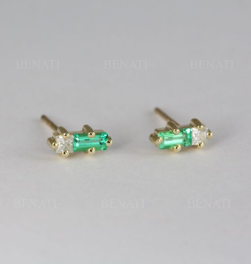 Emerald and Moissanite Baguette Earrings: 14k Gold Geometric Studs