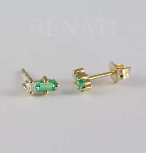 Emerald and Moissanite Baguette Earrings: 14k Gold Geometric Studs