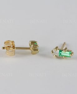 Emerald and Moissanite Baguette Earrings: 14k Gold Geometric Studs - Image 5