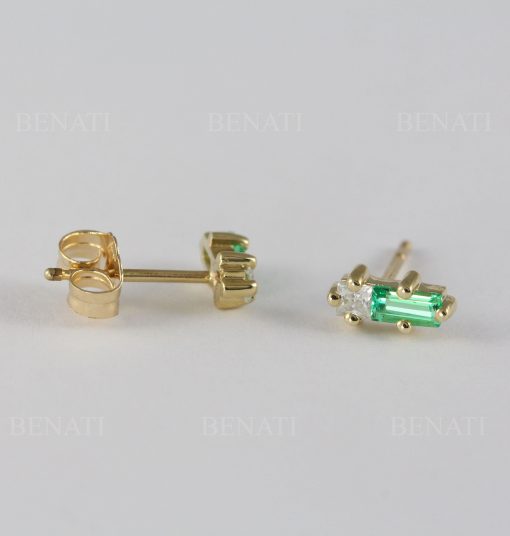 Emerald and Moissanite Baguette Earrings: 14k Gold Geometric Studs