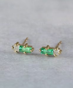 Emerald and Moissanite Baguette Earrings: 14k Gold Geometric Studs - Image 2