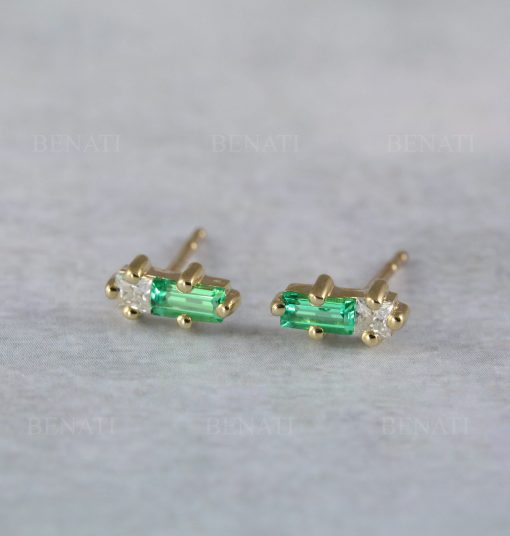 Emerald and Moissanite Baguette Earrings: 14k Gold Geometric Studs