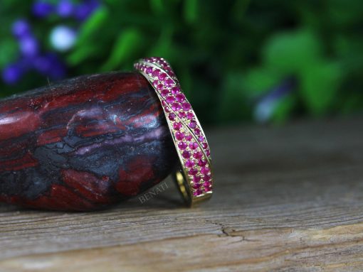Yellow Gold Mobius Ruby Ring: Twisted Infinity Wedding Band