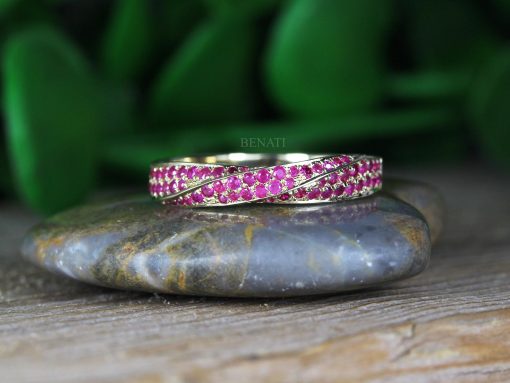Yellow Gold Mobius Ruby Ring: Twisted Infinity Wedding Band