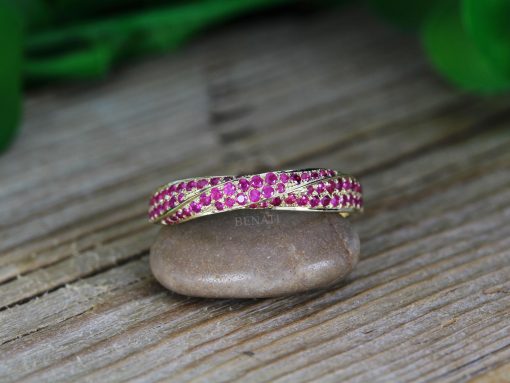 Yellow Gold Mobius Ruby Ring: Twisted Infinity Wedding Band