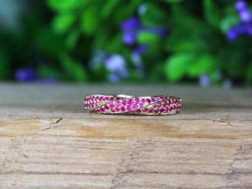 Yellow Gold Mobius Ruby Ring: Twisted Infinity Wedding Band