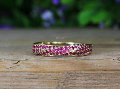 Yellow Gold Mobius Ruby Ring: Twisted Infinity Wedding Band