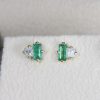 Emerald and Moissanite Baguette Earrings: 14k Gold Geometric Studs