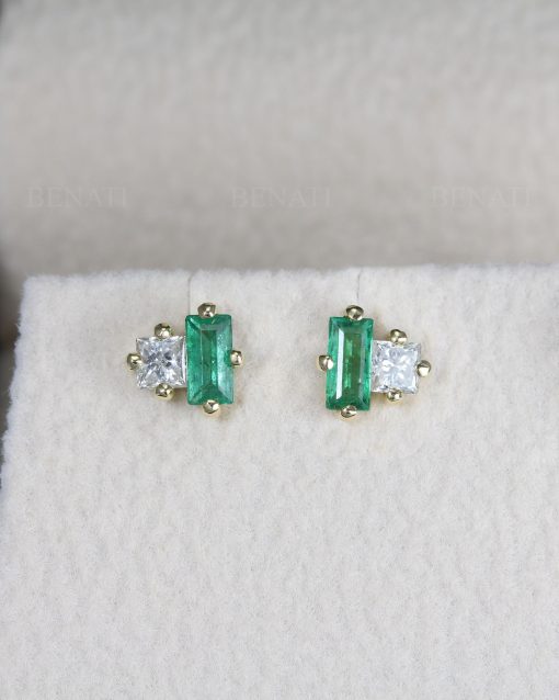 Emerald and Diamond Toi Moi Stud Earrings: 14k Gold Geometric Post Earrings