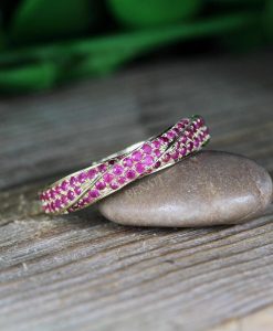 Yellow Gold Mobius Ruby Ring: Twisted Infinity Wedding Band