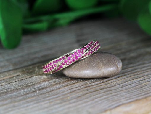Yellow Gold Mobius Ruby Ring: Twisted Infinity Wedding Band