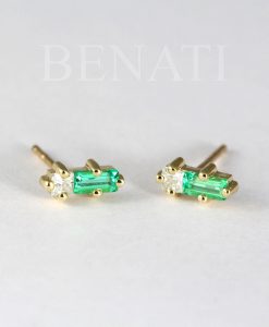 Emerald and Moissanite Baguette Earrings: 14k Gold Geometric Studs