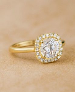 1 Carat Lab Grown Diamond Engagement Ring: 14k Gold Cushion Halo