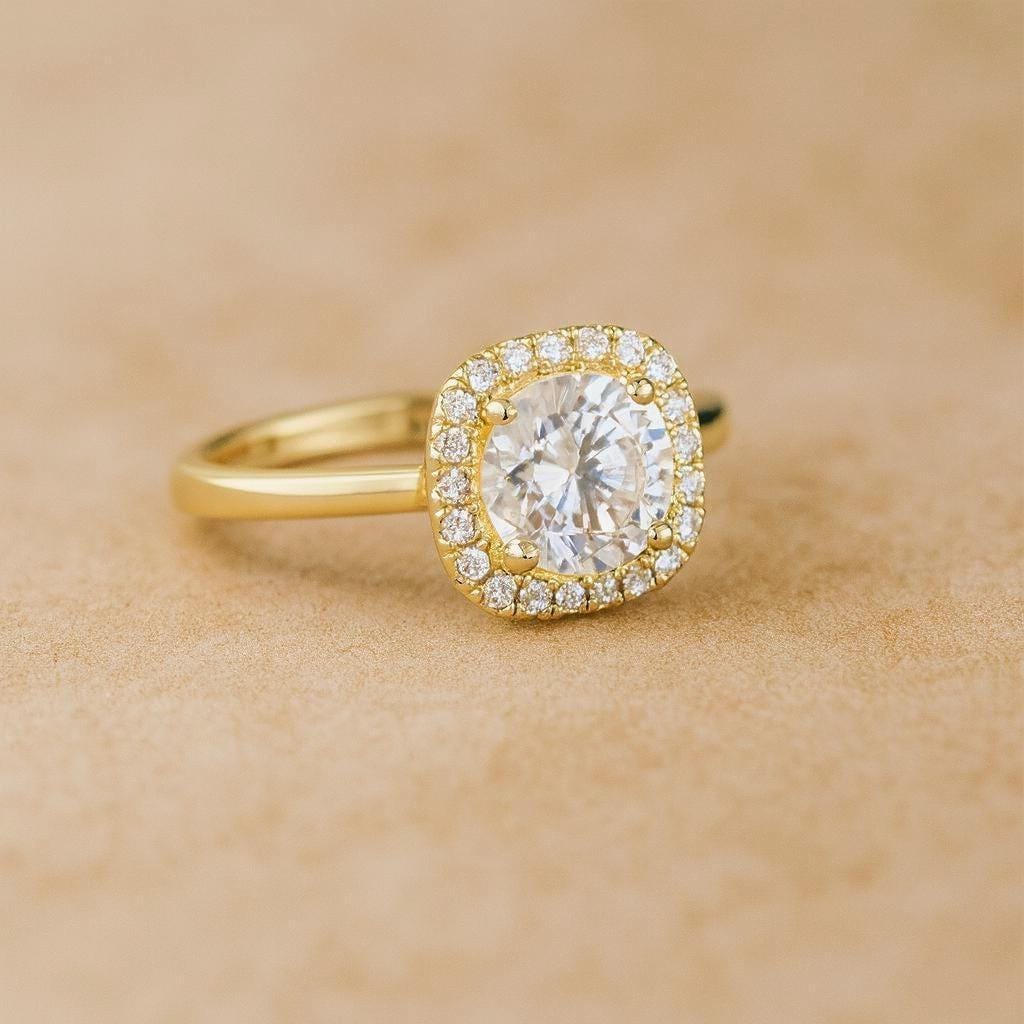 1 Carat Lab Grown Diamond Engagement Ring: 14k Gold Cushion Halo