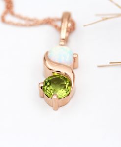 Peridot And Opal Necklace In 14k Gold: Two Stone Birthstone Pendant For Her - Image 4