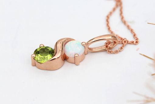Peridot And Opal Necklace In 14k Gold: Two Stone Birthstone Pendant For Her