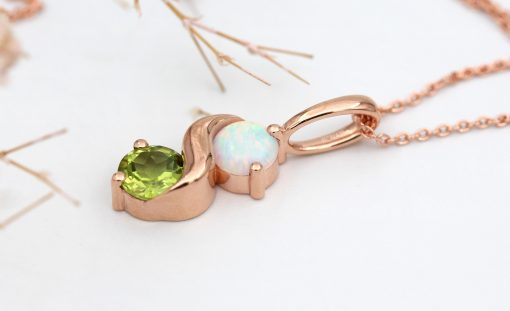 Peridot And Opal Necklace In 14k Gold: Two Stone Birthstone Pendant For Her