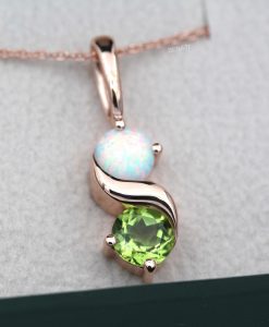 Peridot And Opal Necklace In 14k Gold: Two Stone Birthstone Pendant For Her - Image 3