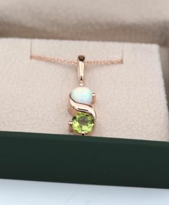 Peridot And Opal Necklace In 14k Gold: Two Stone Birthstone Pendant For Her - Image 7