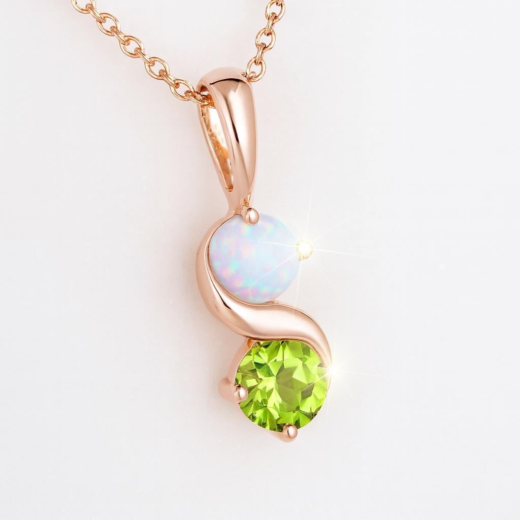 Peridot And Opal Necklace In 14k Gold: Two Stone Birthstone Pendant For Her