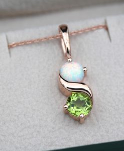Peridot And Opal Necklace In 14k Gold: Two Stone Birthstone Pendant For Her - Image 2