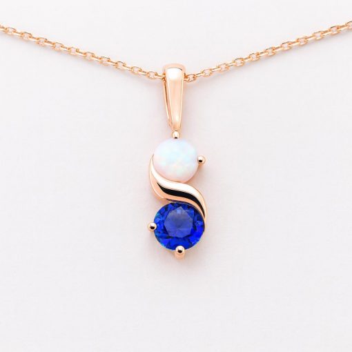 Sapphire And Opal Necklace In 14k Gold: Two Stone Birthstone Pendant For Her