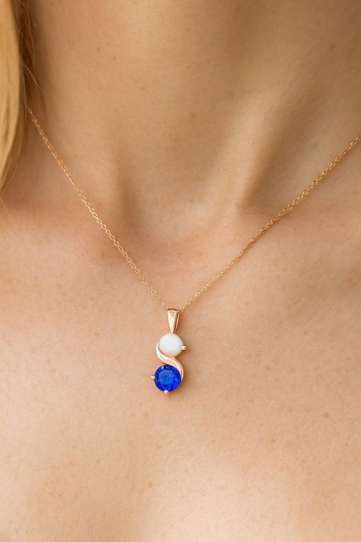 Sapphire And Opal Necklace In 14k Gold: Two Stone Birthstone Pendant For Her