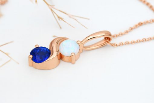 Sapphire And Opal Necklace In 14k Gold: Two Stone Birthstone Pendant For Her