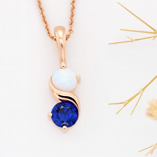 Sapphire And Opal Necklace In 14k Gold: Two Stone Birthstone Pendant For Her