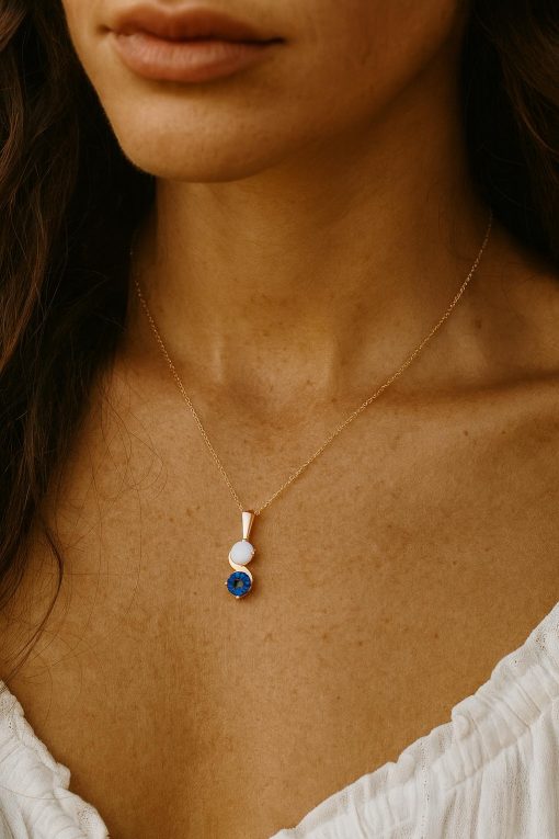 Sapphire And Opal Necklace In 14k Gold: Two Stone Birthstone Pendant For Her