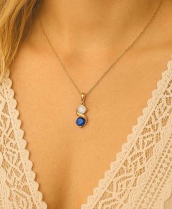 Sapphire And Opal Necklace In 14k Gold: Two Stone Birthstone Pendant For Her - Image 2