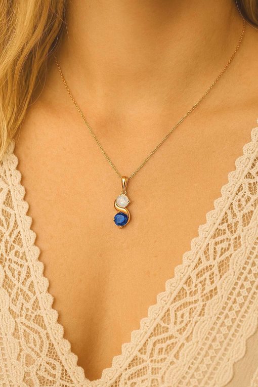 Sapphire And Opal Necklace In 14k Gold: Two Stone Birthstone Pendant For Her