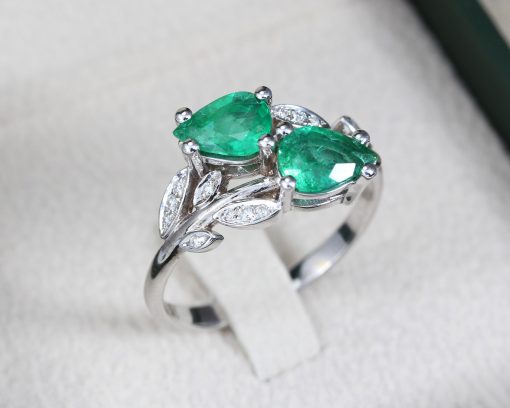 Two Pear Cut Gemstone Emerald Ring – White Gold Nature Inspired Ring Gift For Her