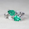 Two Pear Cut Gemstone Emerald Ring – White Gold Nature Inspired Ring Gift For Her