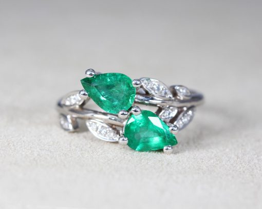 Two Pear Cut Gemstone Emerald Ring – White Gold Nature Inspired Ring Gift For Her