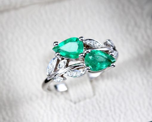 Two Pear Cut Gemstone Emerald Ring – White Gold Nature Inspired Ring Gift For Her