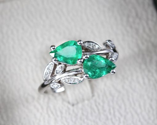Two Pear Cut Gemstone Emerald Ring – White Gold Nature Inspired Ring Gift For Her