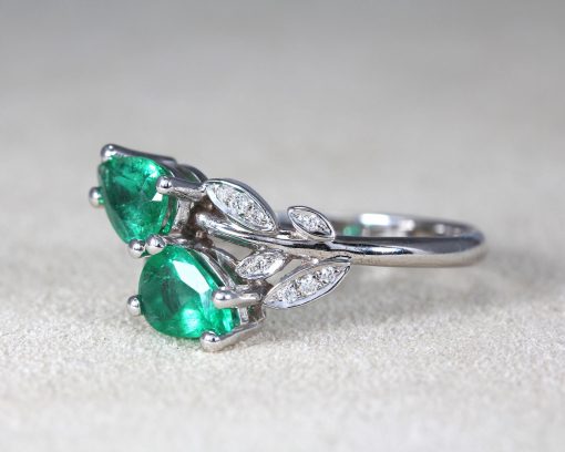 Two Pear Cut Gemstone Emerald Ring – White Gold Nature Inspired Ring Gift For Her