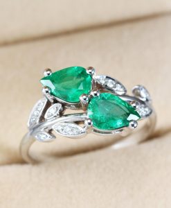 Two Pear Cut Gemstone Emerald Ring - White Gold Nature Inspired Ring Gift For Her