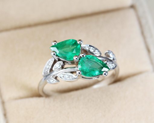 Two Pear Cut Gemstone Emerald Ring – White Gold Nature Inspired Ring Gift For Her