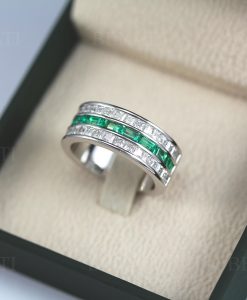8mm Emerald And Diamond Three Row Eternity Band: Channel Set Baguette Emeralds Princess Cut Moissanite Ring - Image 5