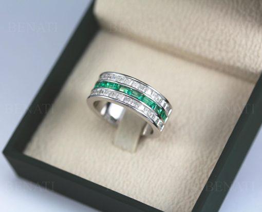 8mm Emerald And Diamond Three Row Eternity Band: Channel Set Baguette Emeralds Princess Cut Moissanite Ring