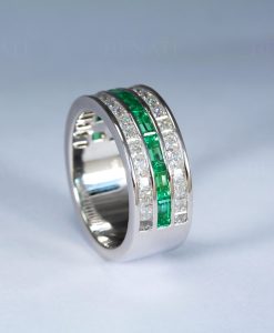 8mm Emerald And Diamond Three Row Eternity Band: Channel Set Baguette Emeralds Princess Cut Moissanite Ring - Image 6