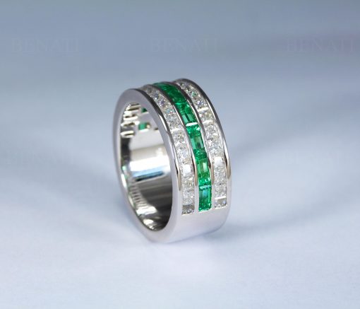 8mm Emerald And Diamond Three Row Eternity Band: Channel Set Baguette Emeralds Princess Cut Moissanite Ring