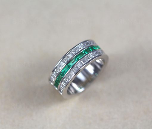 8mm Emerald And Diamond Three Row Eternity Band: Channel Set Baguette Emeralds Princess Cut Moissanite Ring